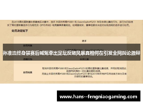 孙准浩终身禁赛后喊冤牵出足坛反赌风暴真相何在引发全网舆论激辩
