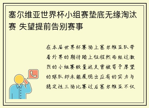 塞尔维亚世界杯小组赛垫底无缘淘汰赛 失望提前告别赛事